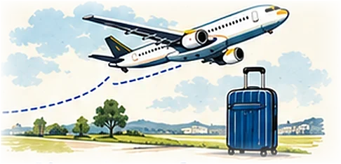 Illustrated passenger plane taking off beside luggage