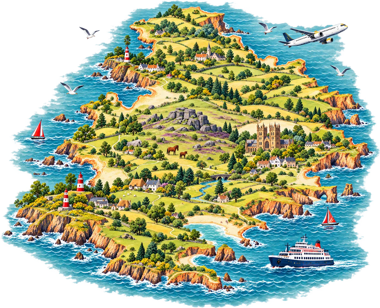 Illustrated Devon map with a plane, a passenger ferry and our three office locations
