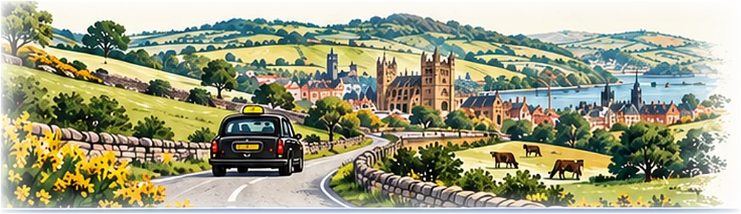 A taxi winding through Devon countryside with Exeter in the distance