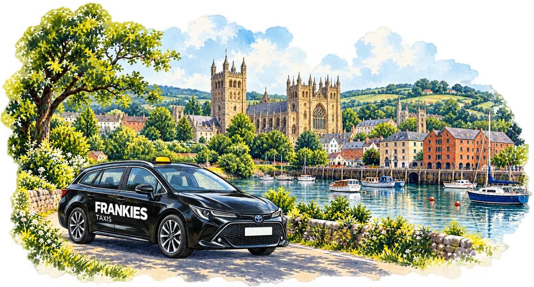 A Frankies Taxis Corolla by Exeter Cathedral and the quay