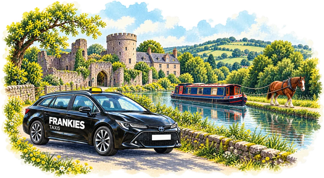 A Frankies Taxis Corolla by Tiverton Castle and the canal with a horse-drawn barge