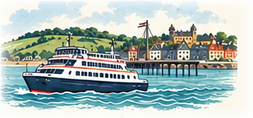 Illustrated passenger ferry arriving at a harbour